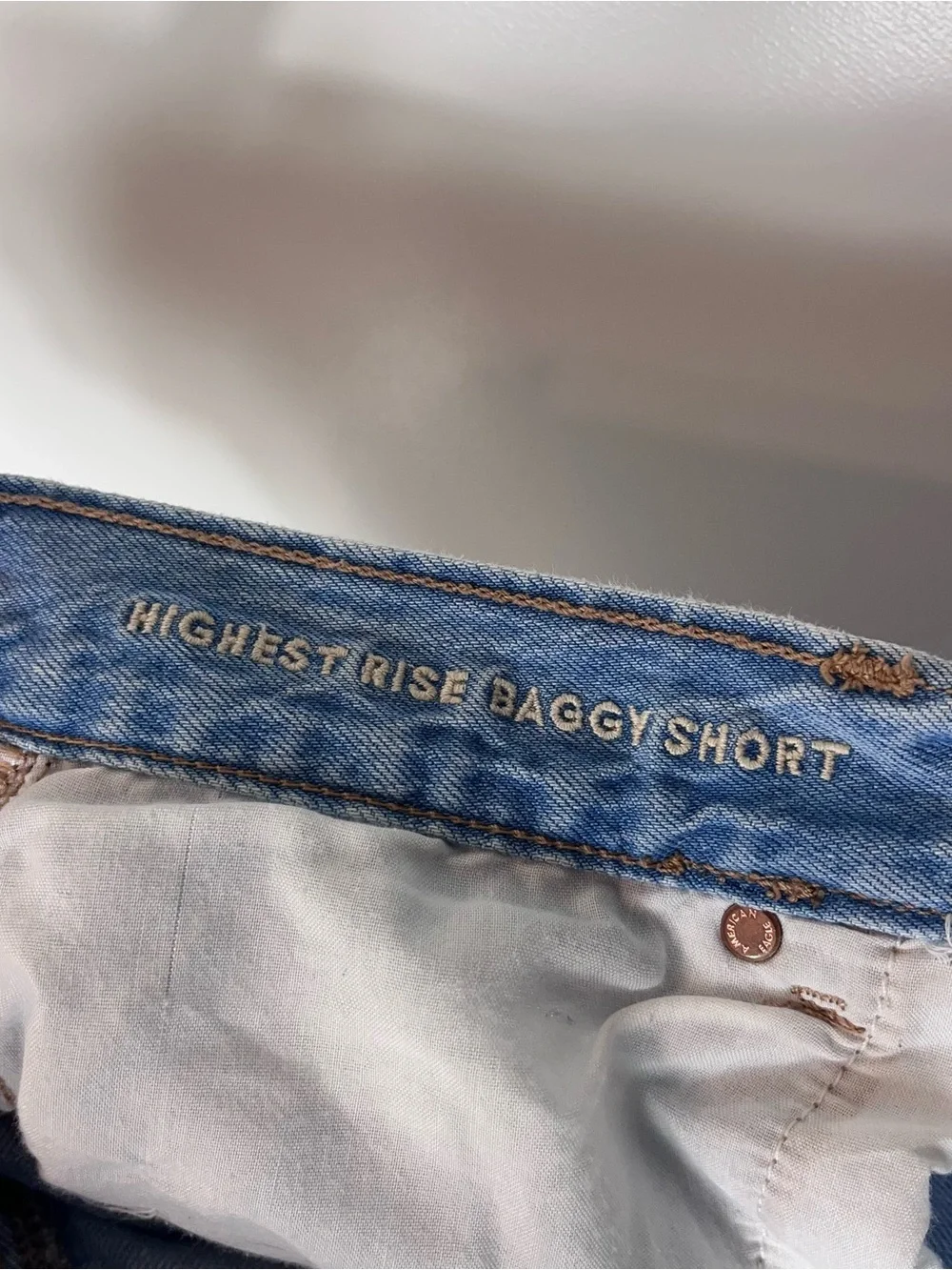 American Eagle AE Highest Rise Baggy Short Blue Distressed Denim Women's 16